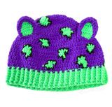 Violet, Neon Green and Black Leopard Print Kitty Ear Crochet Beanie by VelvetVolcano