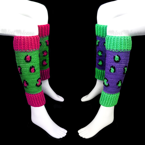 Neon Pink, Neon Green and Black and Violet, Neon Green and Black Leopard Print Crochet Leg Warmers by VelvetVolcano