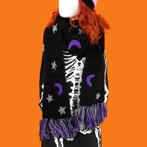 Celestial Crescent Moon & Stars Pattern Chunky Crochet Scarf with Tassels in Black, Purple and Grey by VelvetVolcano