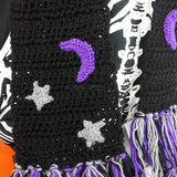 Celestial Crescent Moon & Stars Pattern Chunky Crochet Scarf with Tassels in Black, Purple and Grey by VelvetVolcano