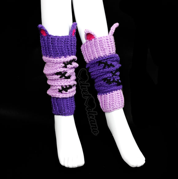 Lilac and Violet Cat Ear Crochet Leg Warmers inspired by Frankenstein's Monster - NecroKitty Leg Warmers by VelvetVolcano