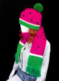 Neon Pink, white and neon green crochet fruit themed scarf with tassels and black rhinestone seeds. Watermelon Scarf (Custom Colour) by VelvetVolcano