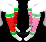 Two pairs of crochet leg warmers designed to look like watermelon with one in red and one in bubblegum pink for the main colour for the fruit and white and green cuffs for the rind (the red has neon green cuffs and the bubblegum pink has pastel green cuffs for the rind). They also feature black rhinestone seeds. Custom Colour Watermelon Leg Warmers by VelvetVolcano
