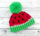 Red, Neon Green, White and Black Acrylic Watermelon Pom Pom Hat for Babies and Children