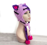 FrankenKitty / NecroKitty Purple Pom Pom Ear Flap Beanie - Lilac, Violet, Hot Pink & Black Frankensteins Monster / Zombie Inspired Cat Hat by VelvetVolcano