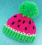Watermelon Pom Pom Beanie in Neon Pink with Neon Green Pom Pom and Rib and Black Seed Details