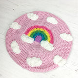 Pastel Rainbow Cloud Beret - Teen Girls and Womens Baby Pink Crochet Hat with Pastel Rainbow Cloud Motif and Repeating White Cloud Pattern by VelvetVolcano