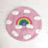 Pastel Rainbow Cloud Beret - Teen Girls and Womens Baby Pink Crochet Hat with Pastel Rainbow Cloud Motif and Repeating White Cloud Pattern by VelvetVolcano