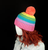 Pastel Rainbow Striped Fitted Pom Pom Beanie in Peach, Daffodil Yellow, Spearmint Green, Turquoise, Lilac and Bubblegum Pink - Crochet Kawaii Bobble Hat by VelvetVolcano 