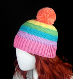 Pastel Rainbow Striped Fitted Pom Pom Beanie in Peach, Daffodil Yellow, Spearmint Green, Turquoise, Lilac and Bubblegum Pink - Crochet Kawaii Bobble Hat by VelvetVolcano 