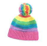 Pastel Rainbow Striped Fitted Pom Pom Beanie in Peach, Daffodil Yellow, Spearmint Green, Turquoise, Lilac and Bubblegum Pink - Crochet Kawaii Bobble Hat by VelvetVolcano 