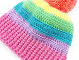 Pastel Rainbow Striped Fitted Pom Pom Beanie in Peach, Daffodil Yellow, Spearmint Green, Turquoise, Lilac and Bubblegum Pink - Crochet Kawaii Bobble Hat by VelvetVolcano 