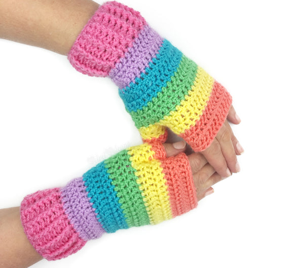 Pastel Rainbow Striped Crochet Fingerless Gloves by VelvetVolcano