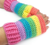 Colourful striped crochet kawaii hand warmers. Pastel Rainbow Striped Fingerless Gloves by VelvetVolcano