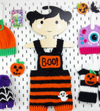 Crochet Orange & Black Striped Baby Dungarees with BOO! Chest Pocket and Ghost Applique by VelvetVolcano