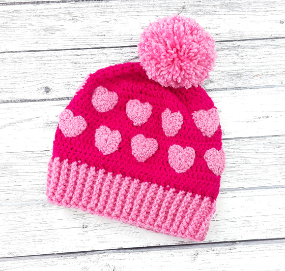 Cerise & Bubblegum Pink Heart Print Pom Pom Acrylic Crochet Beanie by VelvetVolcano