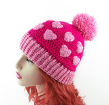 Hot Pink & Pastel Pink Heart Print Pom Pom Acrylic Crochet Beanie by VelvetVolcano