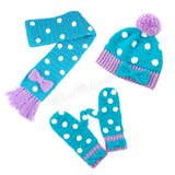 A turquoise, lilac and white Polka Dot Bow set including Pom Pom Beanie, Scarf & Mittens by VelvetVolcano