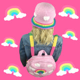 Super Kawaii Fairy Kei Baby Pink Crochet Bucket Hat with Pastel Rainbow Cloud Motif and Pastel Rainbow Striped Brim and Pastel Rainbow Cloud Circular Back Packby VelvetVolcano