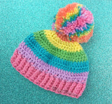 Pastel Rainbow Striped Pom Pom Beanie - Cute Candy Coloured Bobble Hat - Kawaii Baby Hat - Rainbow Kids Beanie - in sizes 3-6 Months - Teen / Small Adult by VelvetVolcano