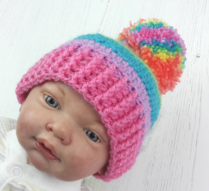 Pastel Rainbow Striped Pom Pom Beanie - Cute Candy Coloured Bobble Hat - Kawaii Baby Hat - Rainbow Kids Beanie - in sizes 3-6 Months - Teen / Small Adult by VelvetVolcano