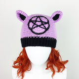 Pastel Goth Lilac and Black cat ear hat with pentagram motif. Witchy Kitty Beanie (Custom Colour) by VelvetVolcano