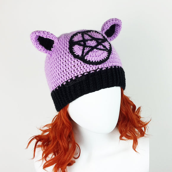 Lilac and Black cat ear hat with pentagram motif. Witchy Kitty Beanie (Custom Colour) by VelvetVolcano