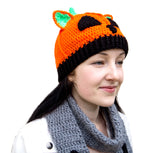 Orange, Black and Neon Green Crochet Jack O' Lantern Cat Ear Halloween Inspired Hat. Pumpkin Kitty Beanie by VelvetVolcano