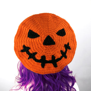 Pumpkin Beret (Custom Colour) - Halloween Inspired Crochet Carved Jack O'Lantern Hat by VelvetVolcano
