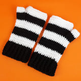 Black and White Striped Crochet Fingerless Gloves - Monochrome Gothic Beetlejuice Inspired Hand / Wrist Warmers by VelvetVolcano