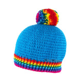 Kingfisher Blue slouchy crochet bobble hat with rainbow pom pom and rainbow striped brim by VelvetVolcano
