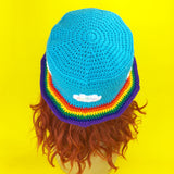 Rainbow Cloud Bucket Hat - Colourful Cloudy Sky & Rainbow Stripe Unisex Teen & Adult Crochet Sun Hat by VelvetVolcano