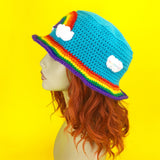 Rainbow Cloud Bucket Hat - Colourful Cloudy Sky & Rainbow Stripe Unisex Teen & Adult Crochet Sun Hat by VelvetVolcano