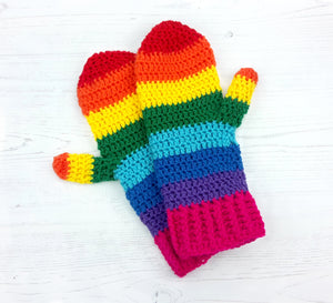 Rainbow striped crochet hand warmers. Bright Rainbow Mittens by VelvetVolcano