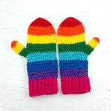 Rainbow striped crochet hand warmers. Bright Rainbow Mittens by VelvetVolcano