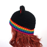 Black crochet cat ear beanie with rainbow ribbed section at the bottom of the hat and red inner ears. Bright Rainbow Rib Kitty Beanie (Custom Colour) by VelvetVolcano