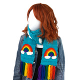Chunky Turquoise Crochet Scarf with Rainbow & Cloud Pattern and Rainbow Tassels by VelvetVolcano
