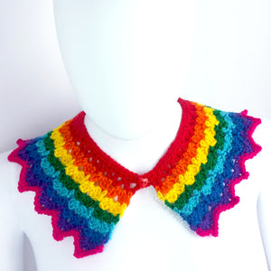 Rainbow Striped Detachable Peter Pan Collar - Crocheted Red, Orange, Yellow, Green, Turquoise, Royal Blue, Violet and Hot Pink Lacy Style Removable Collar with Pom Pom Ties by VelvetVolcano