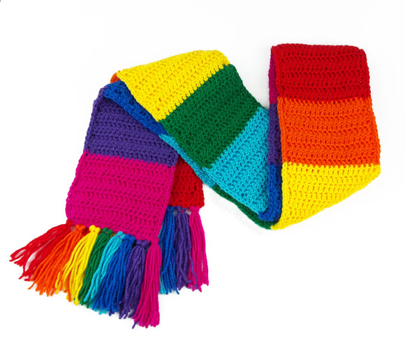 Bright rainbow striped crochet scarf with rainbow tassels by VelvetVolcano