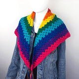 Retro inspired rainbow striped triangular granny stitch wrap scarf with tassels. Bright Rainbow Shawl Scarf by VelvetVolcano