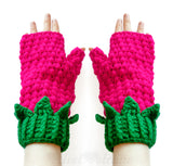 Raspberry Gloves by VelvetVolcano - Cerise / Hot Pink Crochet Gloves in a bobble stitch with Emerald / Grass Green Cuffs and cute little leaves poking out over the main part of the gloves