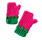 Raspberry Gloves by VelvetVolcano - Cerise / Hot Pink Crochet Gloves in a bobble stitch with Emerald / Grass Green Cuffs and cute little leaves poking out over the main part of the gloves