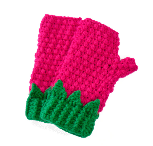 Raspberry Gloves by VelvetVolcano - Cerise / Hot Pink Crochet Gloves in a bobble stitch with Emerald / Grass Green Cuffs and cute little leaves poking out over the main part of the gloves