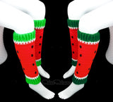 Two pairs of crochet leg warmers designed to look like watermelon with red main colour for the fruit and white and green cuffs for the rind. They also feature black rhinestone seeds. Custom Colour Watermelon Leg Warmers by VelvetVolcano