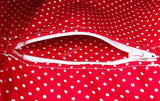 Zip pocket on red and white polka dot fabric from Crochet Eyeball Backpack by VelvetVolcano