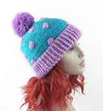 Turquoise and Lilac spotted crochet bobble hat. Super Slouchy Polka Dot Pom Pom Beanie (Custom Colour) by VelvetVolcano