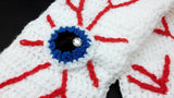 Eye See You Scarf - White Wraparound Crochet Winter Scarf with Spooky Eyeball Pattern and Red Tassels by VelvetVolcano