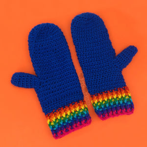 Royal Blue Crochet Mittens with Rainbow Striped Cuff by VelvetVolcano