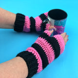 VelvetVolcano Bubblegum Pink & Black Striped Fingerless Gloves crocheted from acrylic yarn