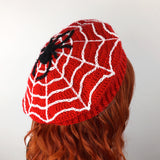 Spider Web Beret - Red, Black & White Crochet Cobweb Hat by VelvetVolcano